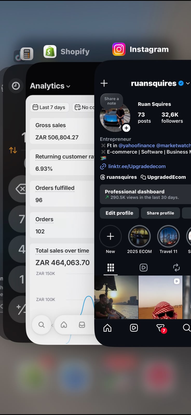 Shopify and Instagram dashboards side by side